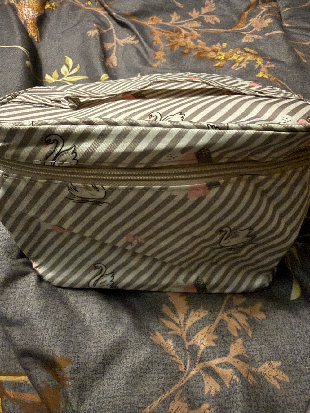 Striped Swan Cosmetic Pouch in Gray and Pink